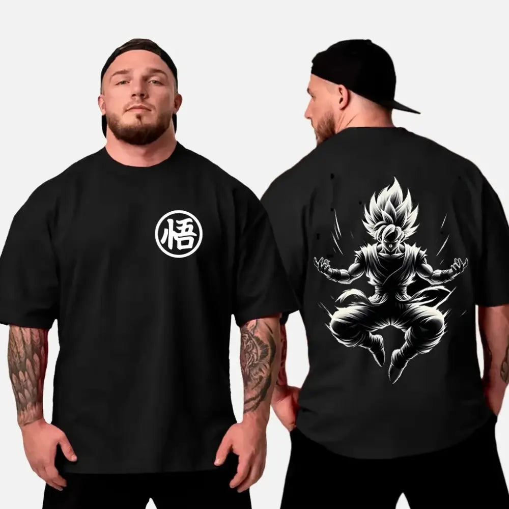 Black cotton oversized t-shirt featuring white kanji悟 on front and black and white goku super saiyan illustration on back dragon ball son goku