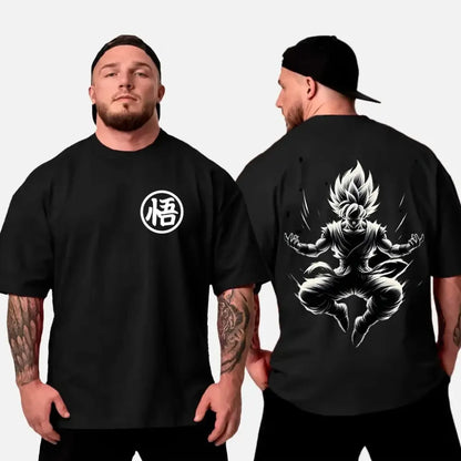 Black cotton oversized t-shirt featuring white kanji悟 on front and black and white goku super saiyan illustration on back dragon ball son goku