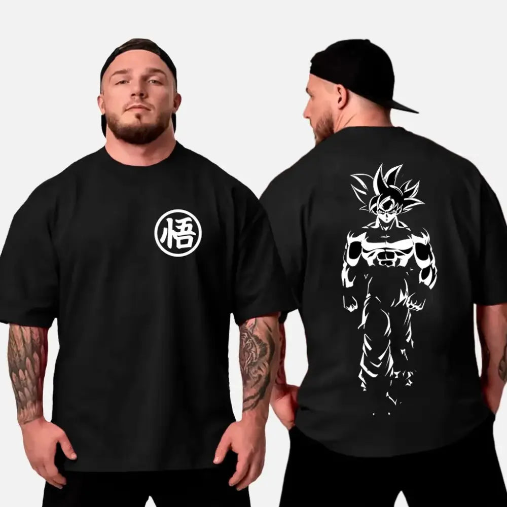 Black oversized cotton dragon ball son goku t-shirt with white悟 character front and detailed super saiyan back illustration