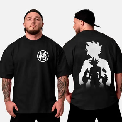 Black oversized cotton t-shirt featuring a white circular logo with japanese character and goku super saiyan silhouette on back dragon ball son goku
