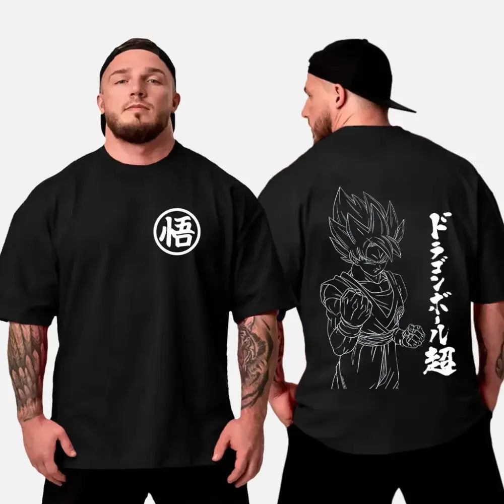 Black oversized cotton t-shirt featuring a white悟 logo on chest and detailed son goku line art with japanese text on back dragon ball