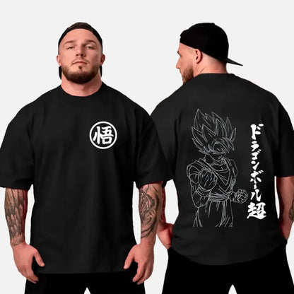 Black oversized cotton t-shirt featuring a white悟 logo on chest and detailed son goku line art with japanese text on back dragon ball