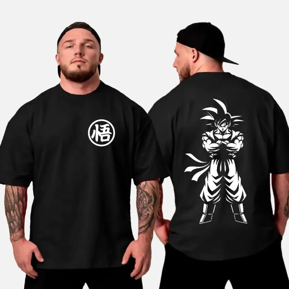 Black cotton Dragon Ball Son Goku oversized t-shirt with white悟 character front and detailed Goku line-art back view