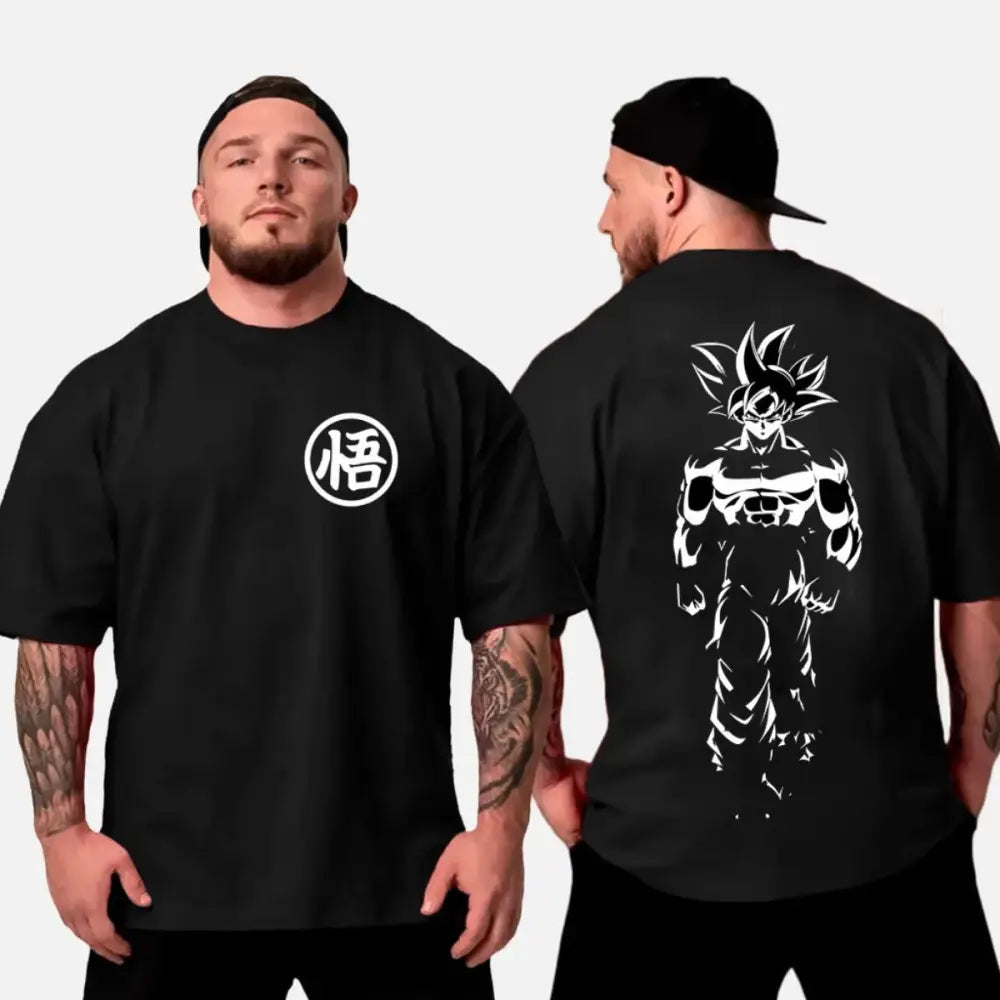 Black oversized cotton t-shirt featuring a white kanji logo on front and detailed super saiyan goku on back dragon ball son goku
