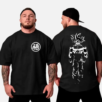 Black oversized cotton t-shirt featuring a white kanji logo on front and detailed super saiyan goku on back dragon ball son goku