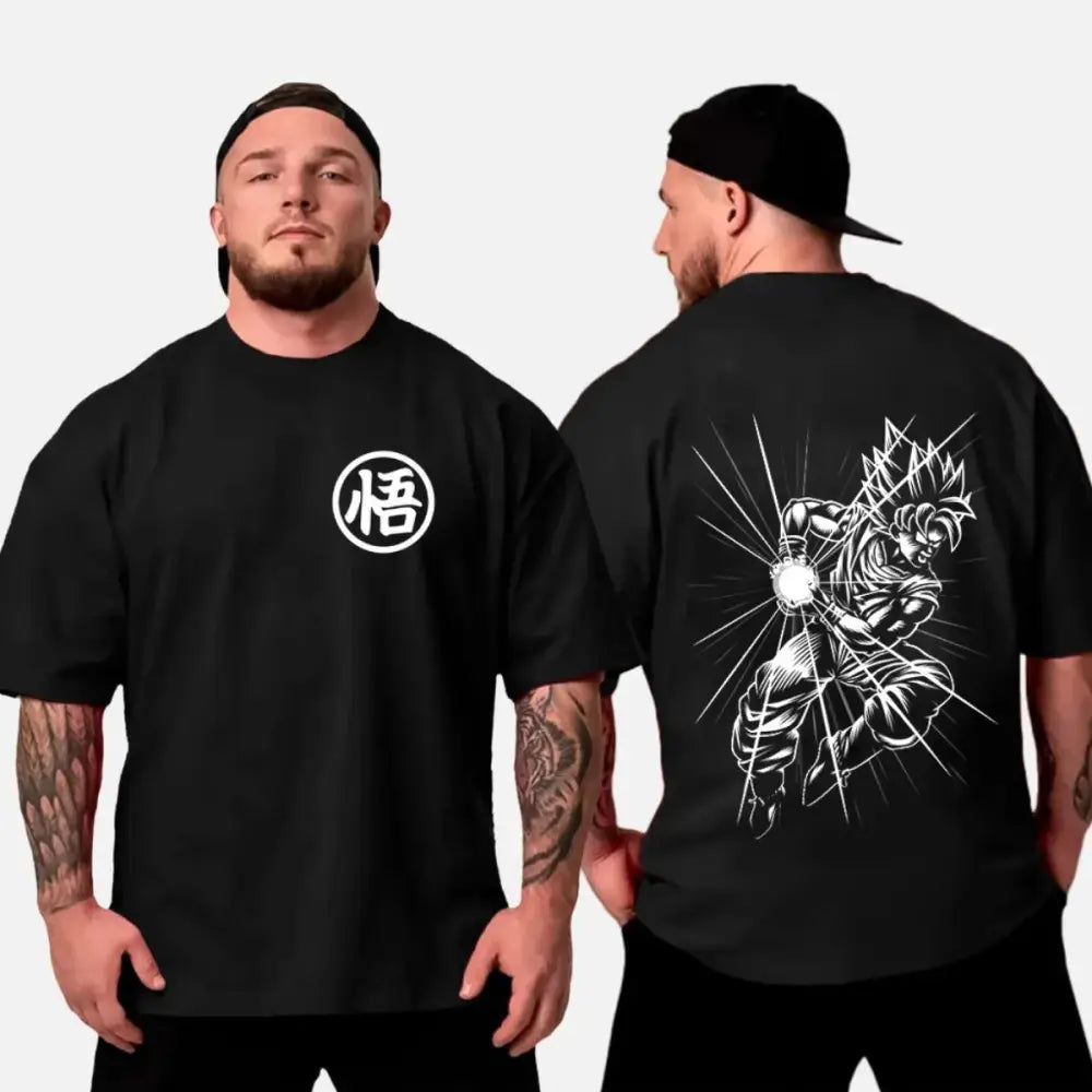 Black oversized cotton dragon ball son goku t-shirt with white kanji on chest and detailed goku illustration on back