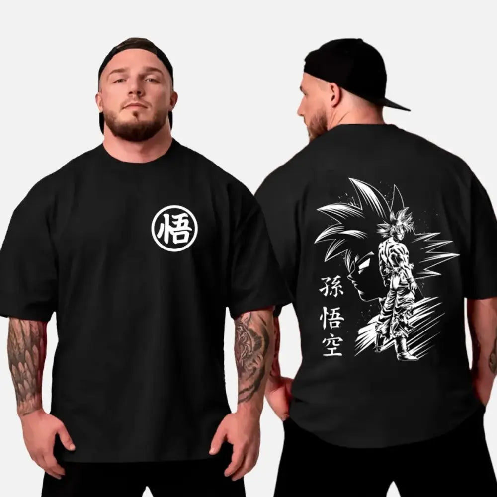 Black oversized cotton t shirt with white悟 logo front and detailed dragon ball son goku illustration on back