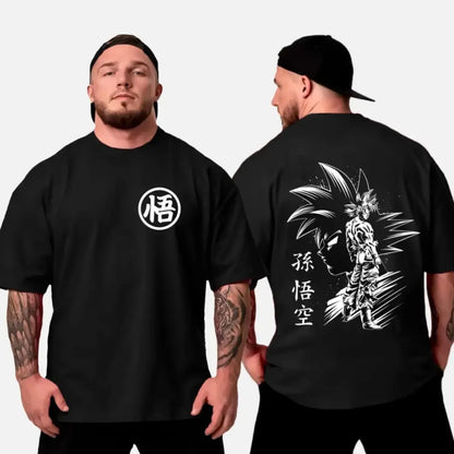 Black oversized cotton t shirt with white悟 logo front and detailed dragon ball son goku illustration on back