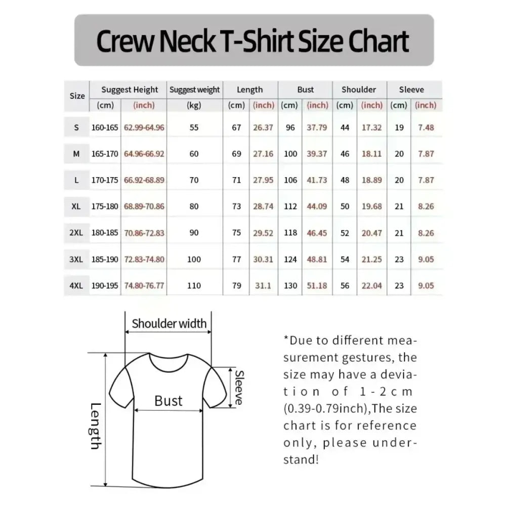 Crew neck size chart for dragon ball son goku oversized cotton t shirt with measurements in cm and inches s to 4xl