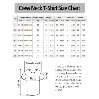 Crew neck size chart for dragon ball son goku oversized cotton t shirt with measurements in cm and inches s to 4xl
