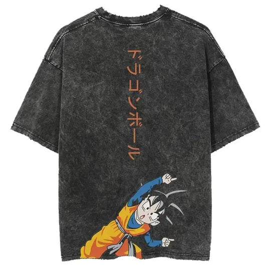 Black distressed cotton oversized tee featuring vibrant orange and blue dragon ball goku anime graphic with vertical y2k text