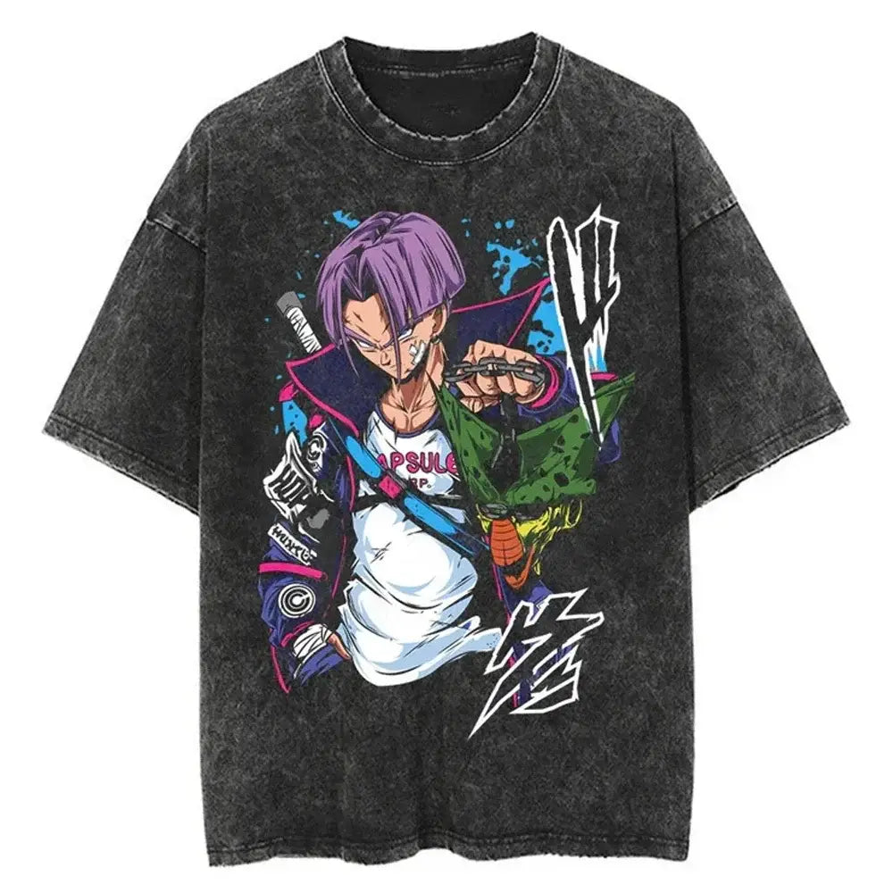 Black distressed cotton oversized t-shirt featuring vibrant dragon ball anime graphic of trunks in an action pose y2k style