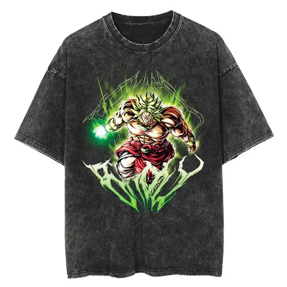 Black distressed cotton dragon ball oversized tee featuring vibrant green and red anime graphic of broly in action pose