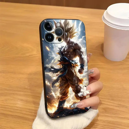 Glossy black soft cover phone case featuring vibrant dragon ball goku super saiyan illustration on the back side