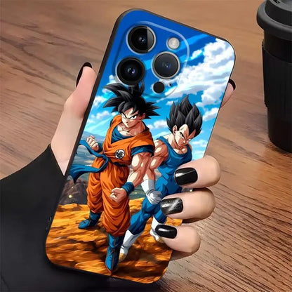 Dragon ball vegeta phone case black soft cover with vibrant blue and orange design featuring goku and vegeta in battle poses