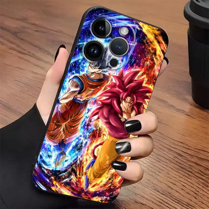 Vibrant full-color dragon ball vegeta phone case with soft black cover featuring dynamic characters on cosmic fiery backdrop