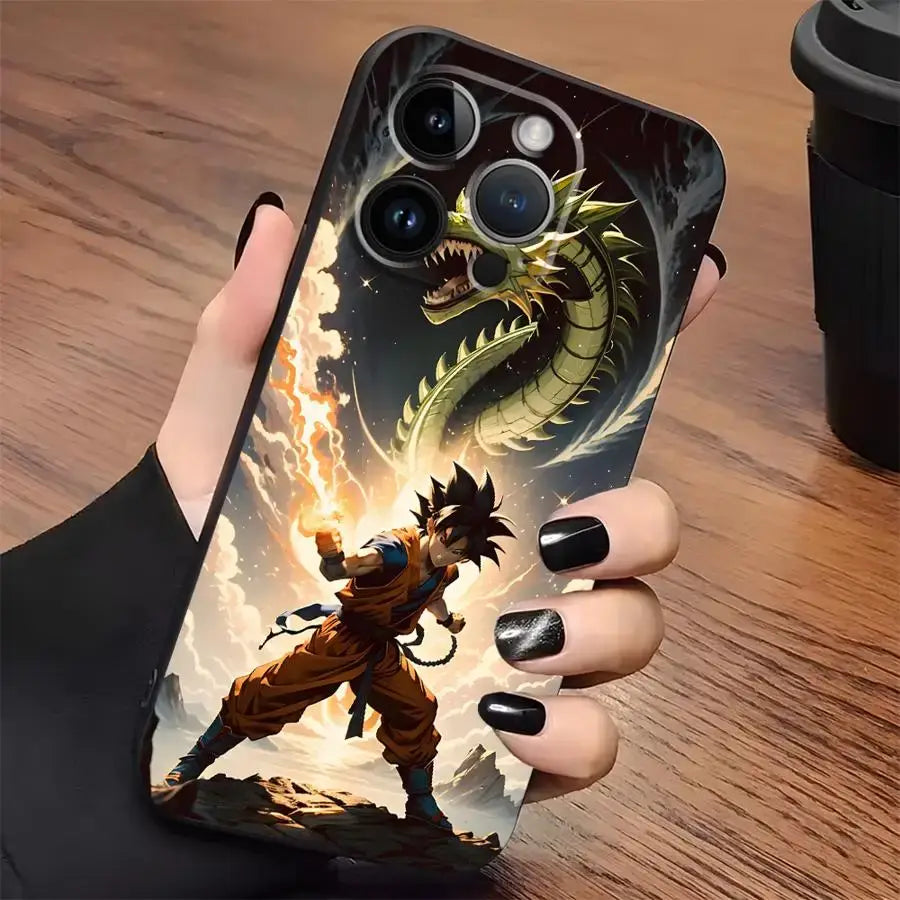 Black soft cover phone case featuring dragon ball vegeta with super saiyan goku and golden dragon design on the back