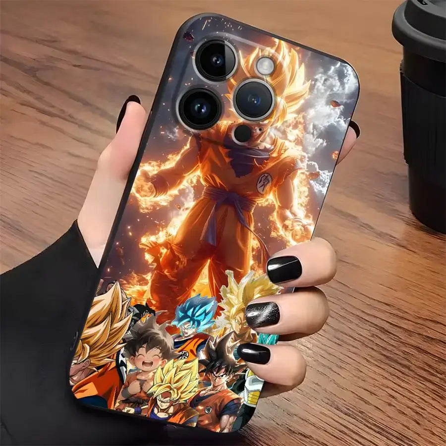 Dragon ball vegeta soft cover iphone case featuring vibrant orange and gold goku super saiyan anime artwork on back side