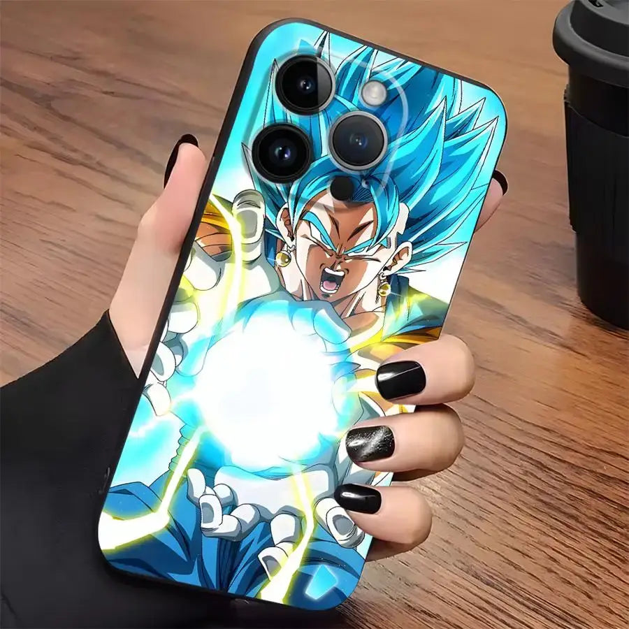 Dragon ball vegeta phone case soft cover in black features blue and white anime design with spiky hair character and glowing aura