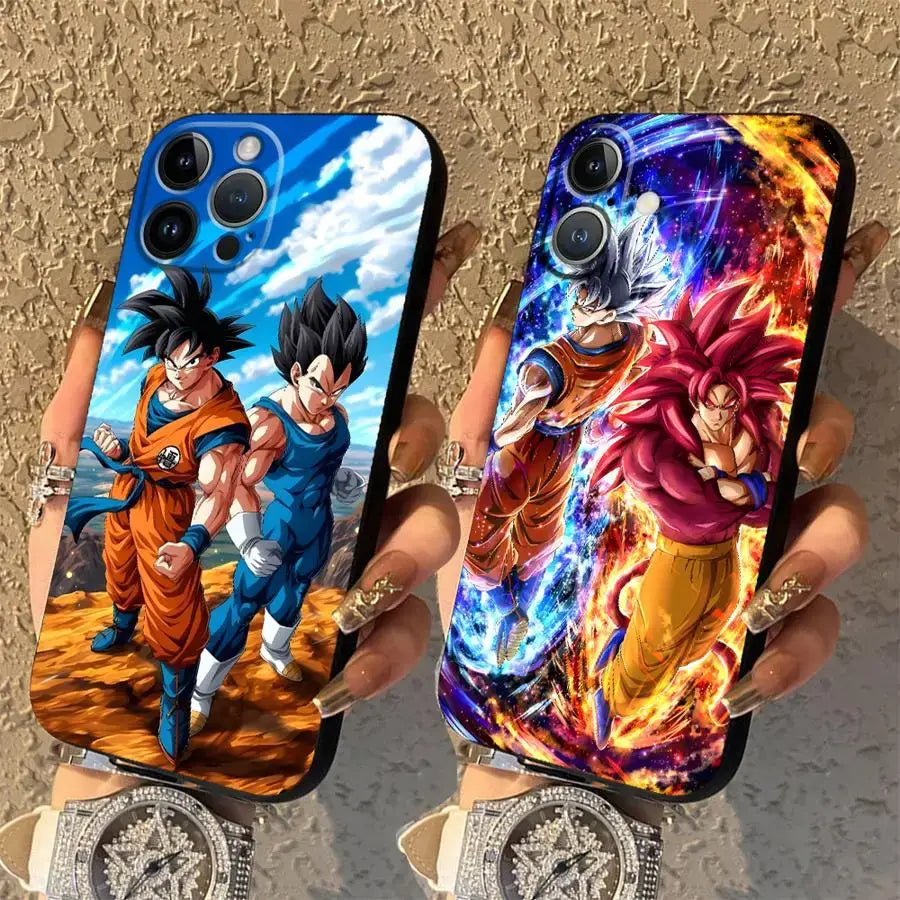 Two vibrant dragon ball vegeta soft cover phone cases featuring goku and vegeta with blue sky and cosmic backgrounds