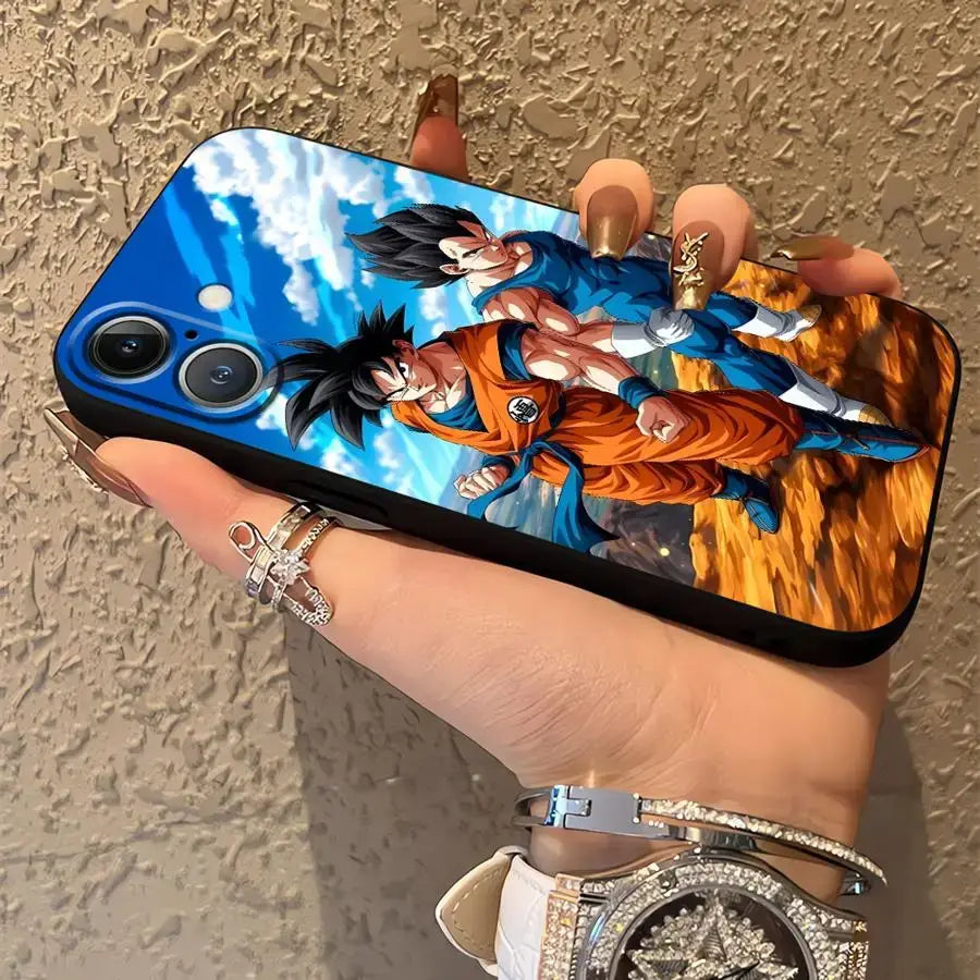 Dragon ball vegeta phone case soft cover with vibrant blue and orange design featuring muscular characters and black edges