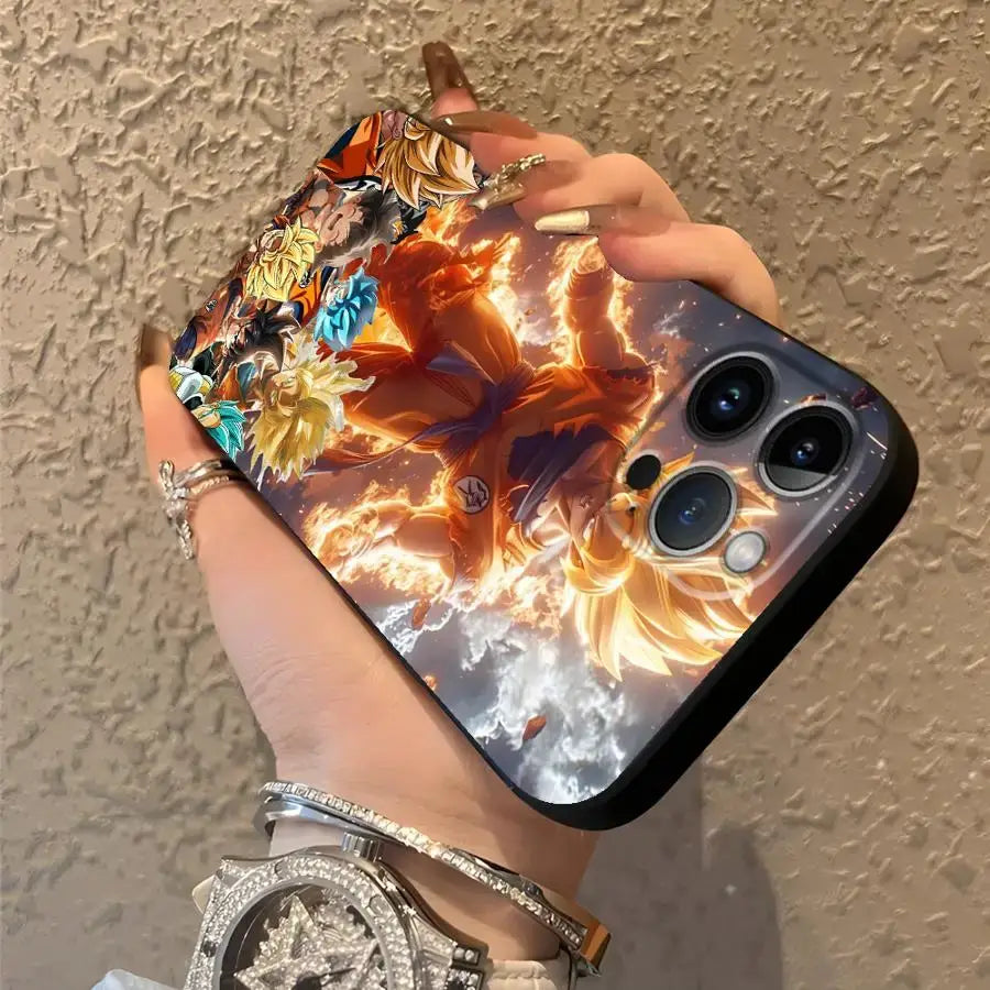 Black soft cover phone case featuring a dragon ball vegeta anime battle scene with fiery energy effects on the back side