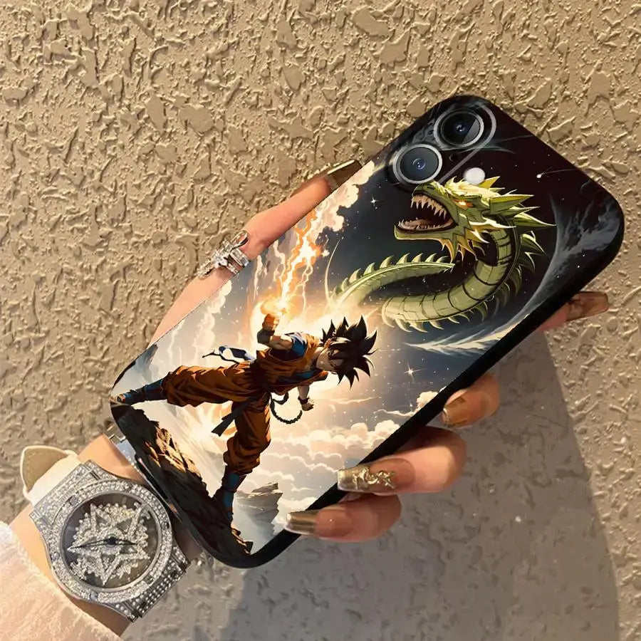 Black soft cover phone case featuring vibrant dragon ball vegeta illustration battling dragon on the back side