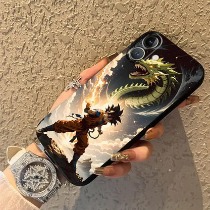 Black soft cover phone case featuring vibrant dragon ball vegeta illustration battling dragon on the back side