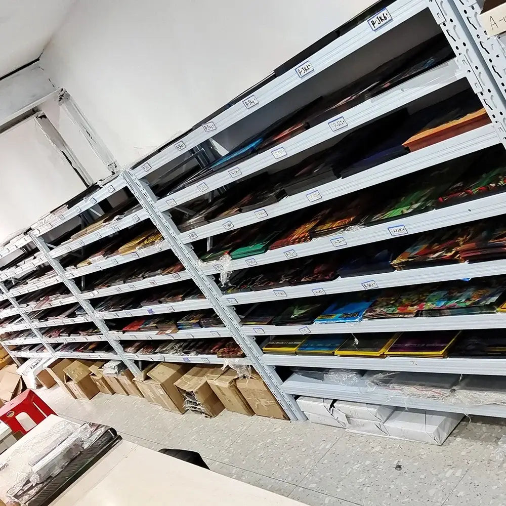 Metal shelving units with multiple tiers holding colorful books and magazines for dragon ball z goku lenticular poster wall art display