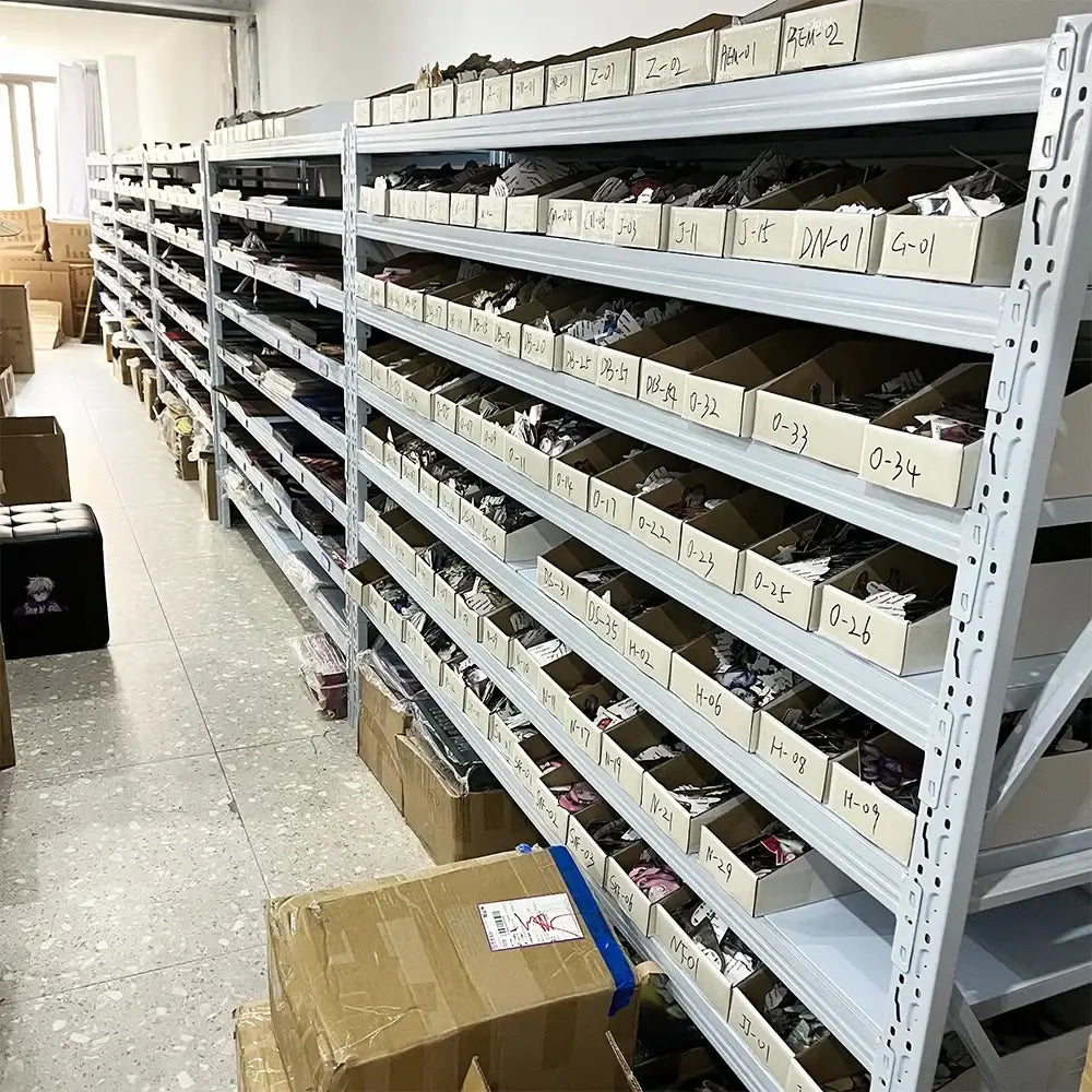 Metal shelving units with labeled cardboard boxes storing a bulk pack of dragon ball z goku 3d lenticular poster wall art