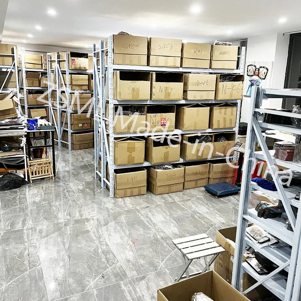 Metal shelving units with multiple levels storing cardboard boxes for dragon ball z goku 3d lenticular poster wall art