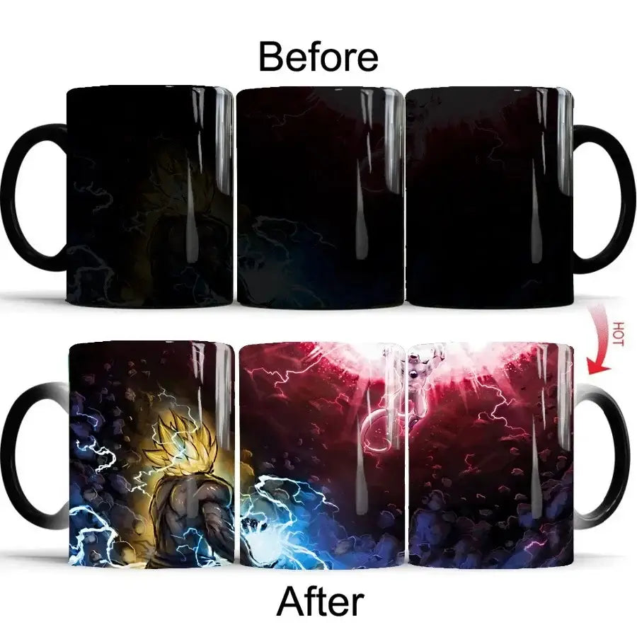 Black ceramic dragon ball z color changing mug revealing goku and frieza anime battle artwork 400ml capacity