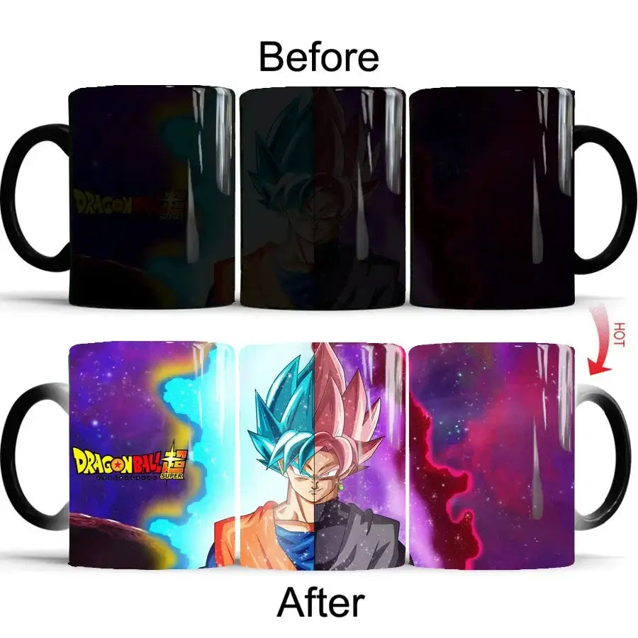 Dragon ball z goku color changing ceramic mug 400ml with vibrant cosmic design featuring blue and pink goku halves