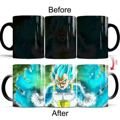 Black ceramic dragon ball z color changing mug showing vibrant super saiyan vegeta design when heated