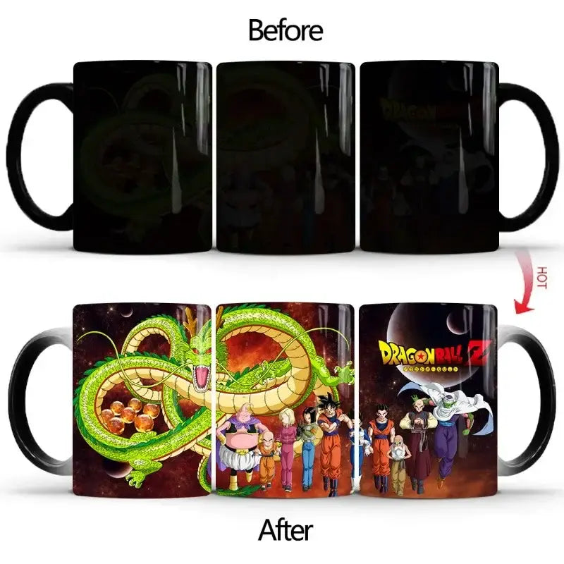 Black dragon ball z color changing ceramic mug 400ml featuring vibrant green shenron and colorful character artwork