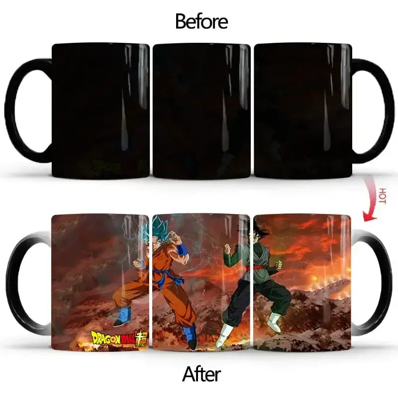 Black dragon ball z color changing ceramic mug featuring goku and gohan in dynamic battle poses on fiery backdrop