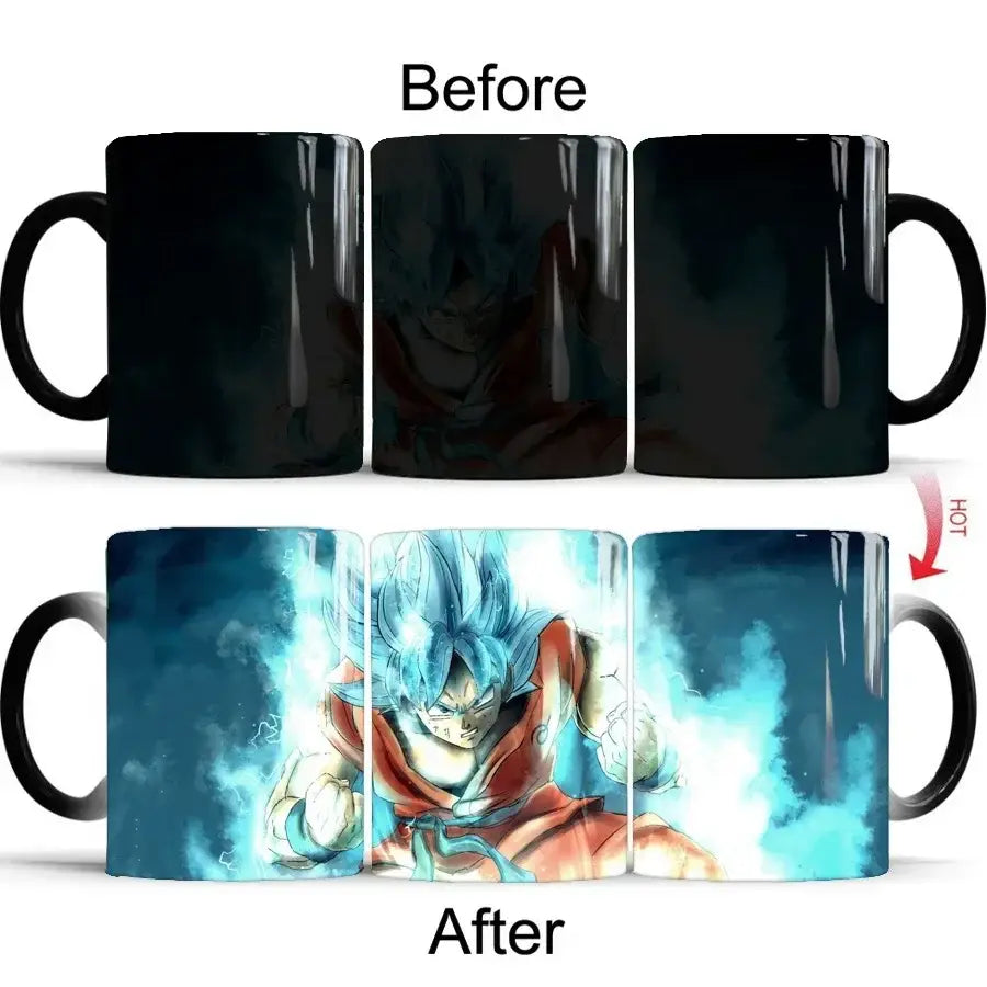 Black ceramic dragon ball z goku color changing mug revealing blue and orange heat-sensitive design 400ml
