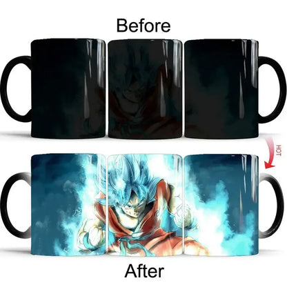 Black ceramic dragon ball z goku color changing mug revealing blue and orange heat-sensitive design 400ml