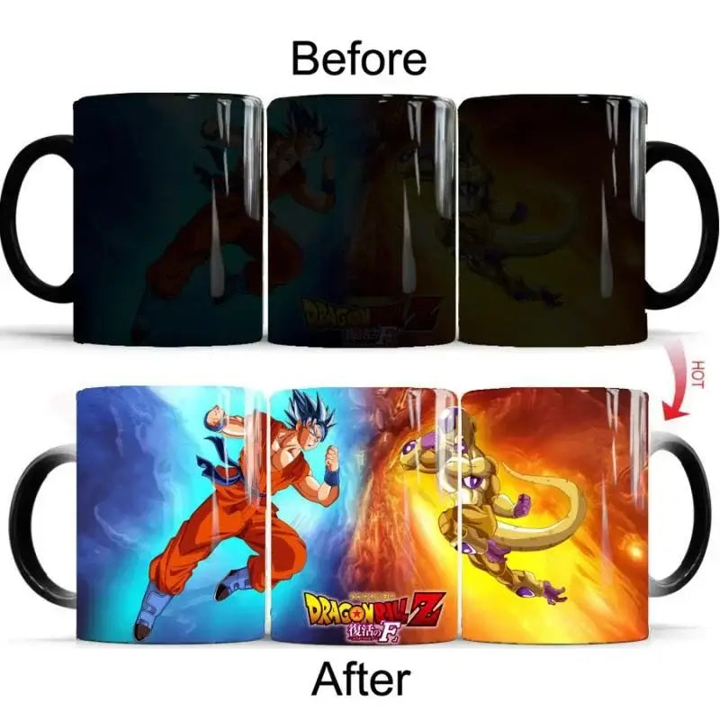 Black ceramic dragon ball z color changing mug revealing vibrant goku and frieza artwork when heated 400ml