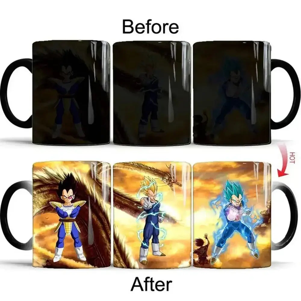 Black ceramic dragon ball z color changing mug revealing vibrant vegeta illustration in three forms on orange background