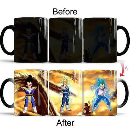 Black ceramic dragon ball z color changing mug revealing vibrant vegeta illustration in three forms on orange background
