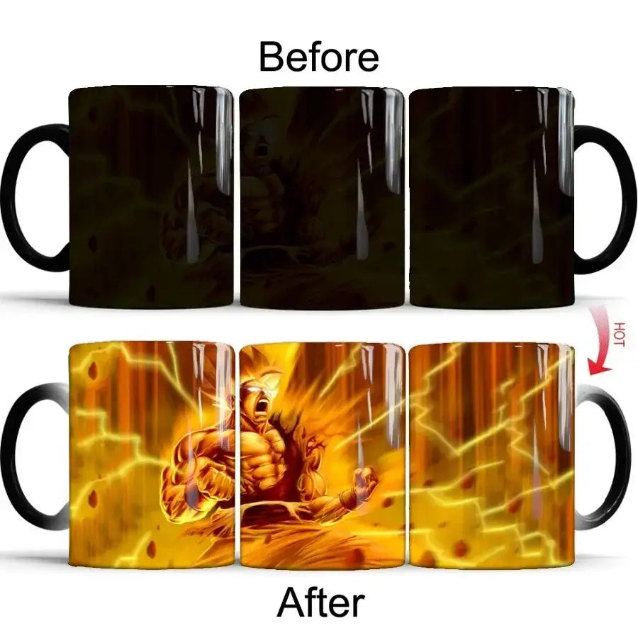 Black ceramic dragon ball z goku color changing mug revealing vibrant super saiyan design when heated 400ml