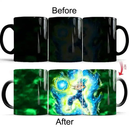 Black ceramic color changing mug featuring vibrant green and blue vegeta illustration from dragon ball z, 400ml capacity