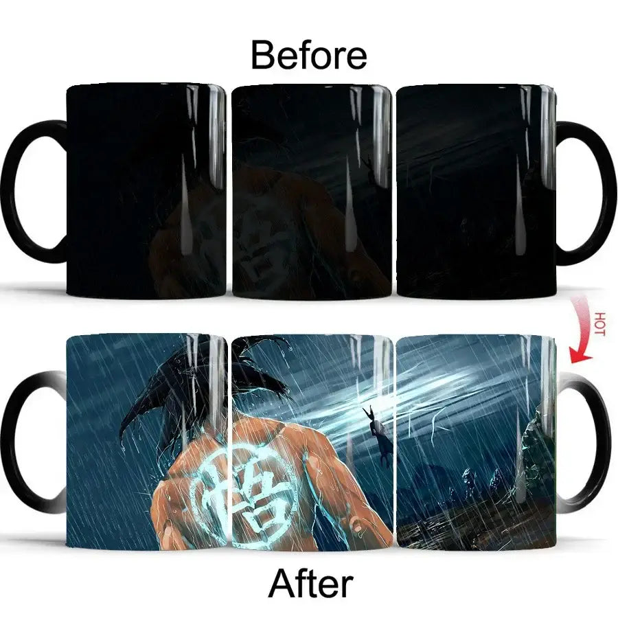 Black ceramic dragon ball color changing mug revealing muscular goku anime scene in rain under blue white light