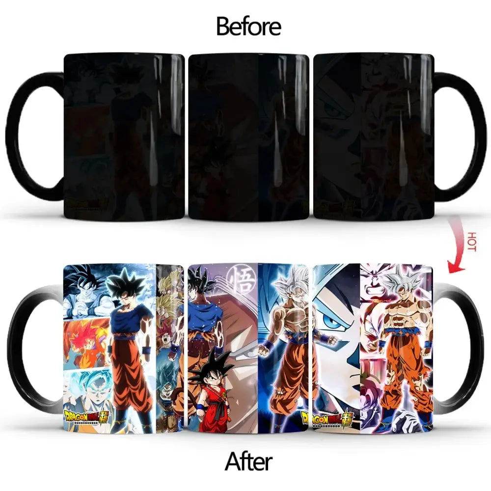 Black ceramic dragon ball z goku color changing mug revealing vibrant artwork when warmed 400ml capacity