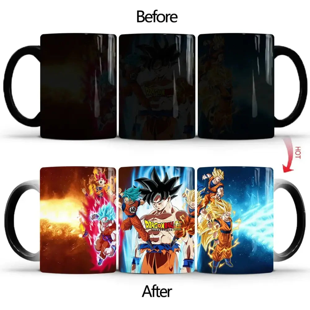Black ceramic dragon ball z color changing mug with heat-activated goku designs revealing orange blue and red artwork