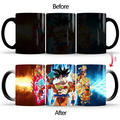 Black ceramic dragon ball z color changing mug with heat-activated goku designs revealing orange blue and red artwork