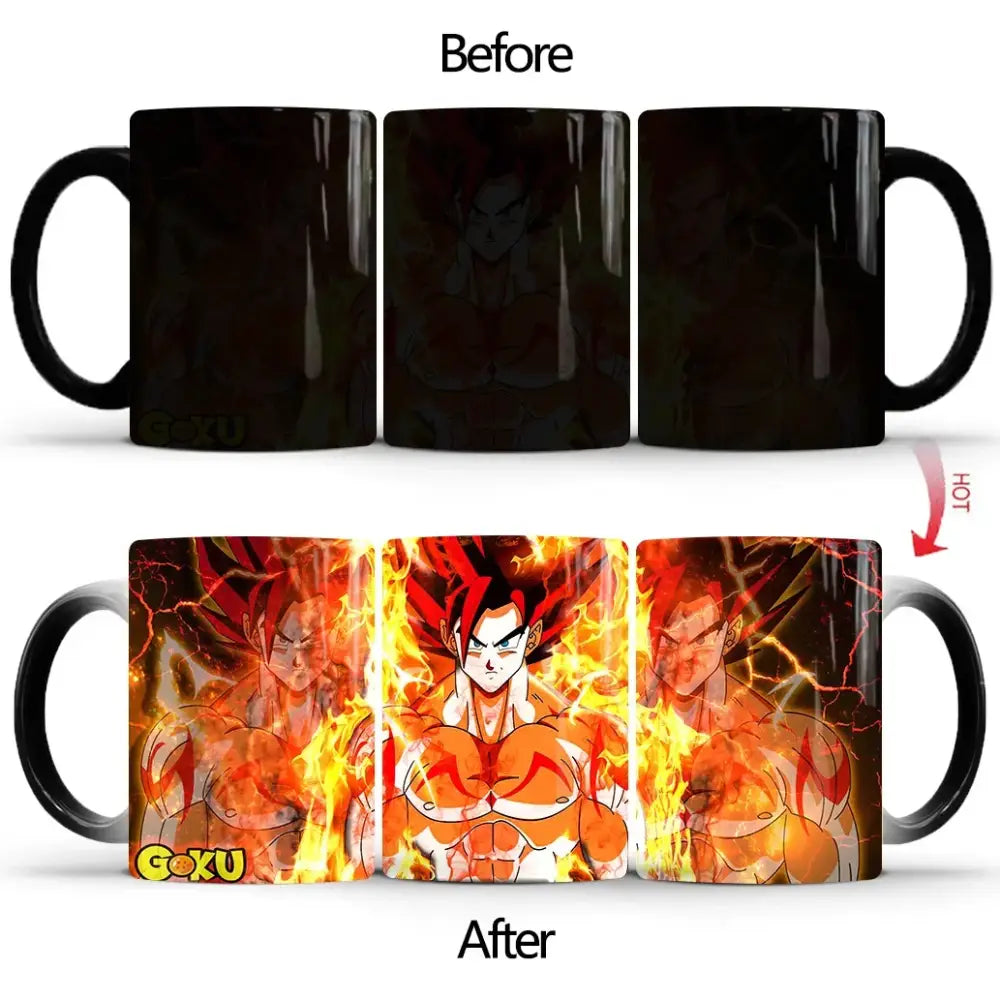 Black ceramic dragon ball z goku color changing mug revealing vibrant orange and red goku design when warm 400ml