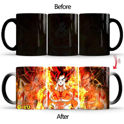Black ceramic dragon ball z goku color changing mug revealing vibrant orange and red goku design when warm 400ml