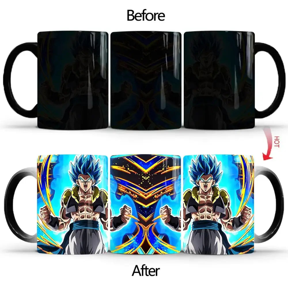 Black ceramic dragon ball z goku color changing mug with vibrant blue and gold super saiyan design 400ml